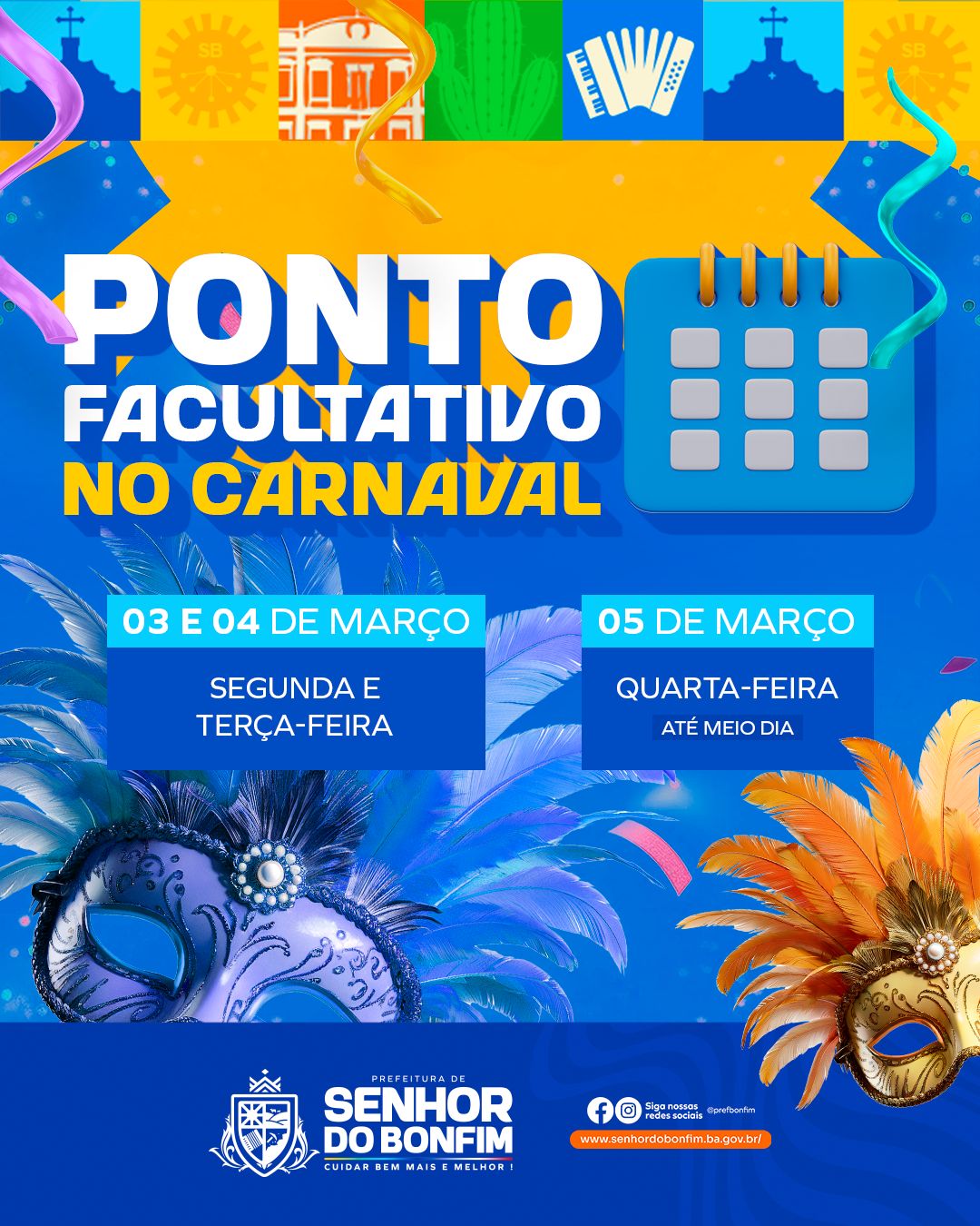 Prefeitura de Senhor do Bonfim decreta ponto facultativo durante o Carnaval