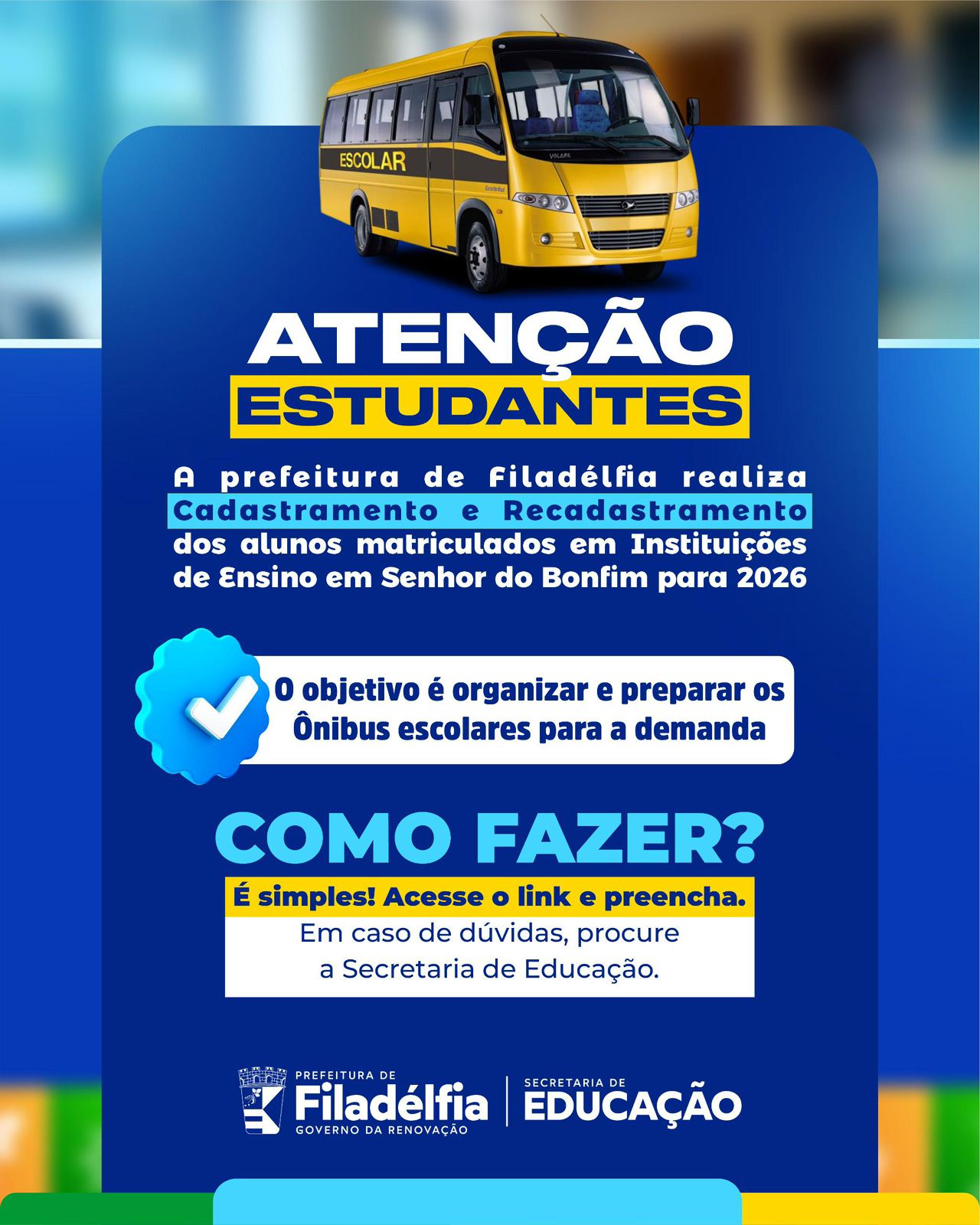 Prefeitura de Filadélfia inicia cadastramento para transporte escolar intermunicipal em 2026