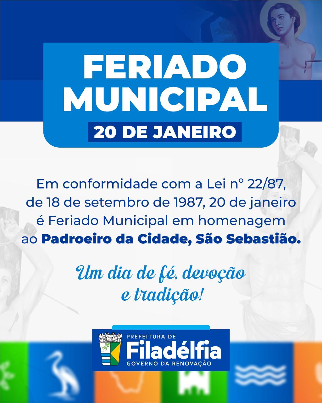 Prefeitura de Filadélfia comunica feriado municipal em homenagem ao Padroeiro São Sebastião
