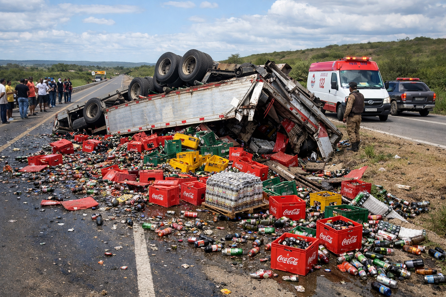 Caminhão carregado de bebidas capota próximo a Ponto Novo
