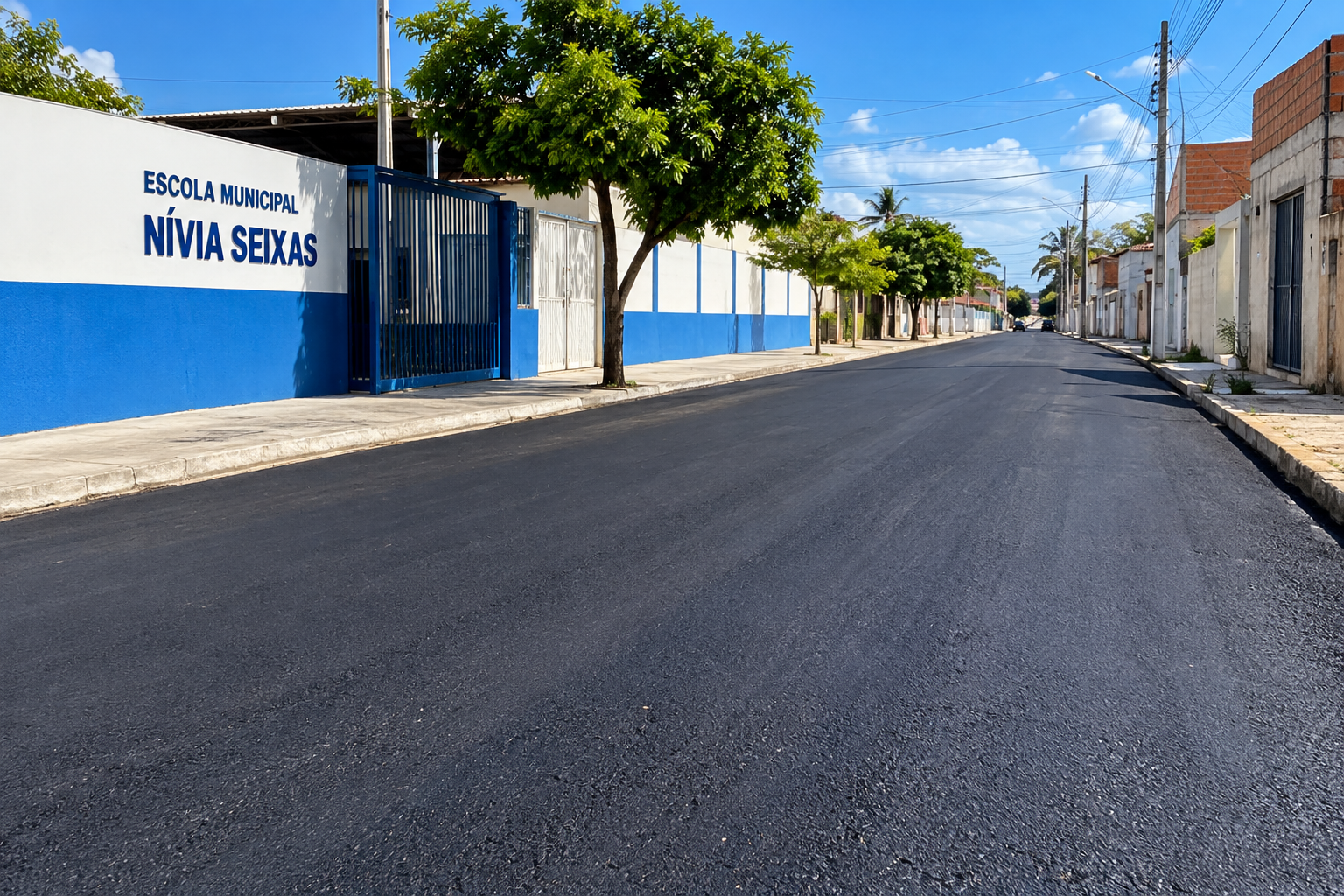 Pavimentação asfáltica é realizada em rua em frente à Escola Nívia Seixas, em Senhor do Bonfim