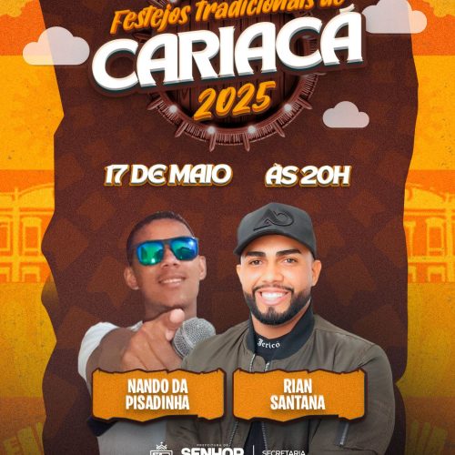 Prefeitura de Senhor do Bonfim realiza neste sábado (17) o tradicional Festejo de Cariacá com shows de Nando da Pisadinha e Rian Santana