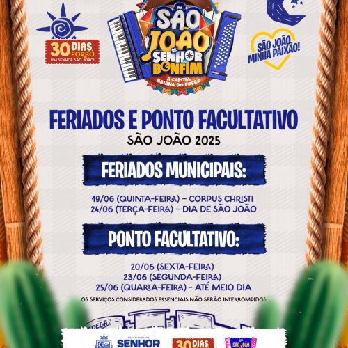 Prefeitura de Senhor do Bonfim decreta ponto facultativo nos dias 20 e 23 e 25 de junho; dias 19 e 24 são feriados municipais