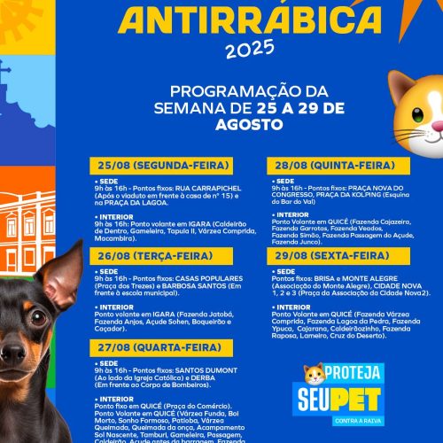 Prefeitura de Senhor do Bonfim divulga cronograma da vacinação antirrábica para a semana de 25 a 29 de agosto