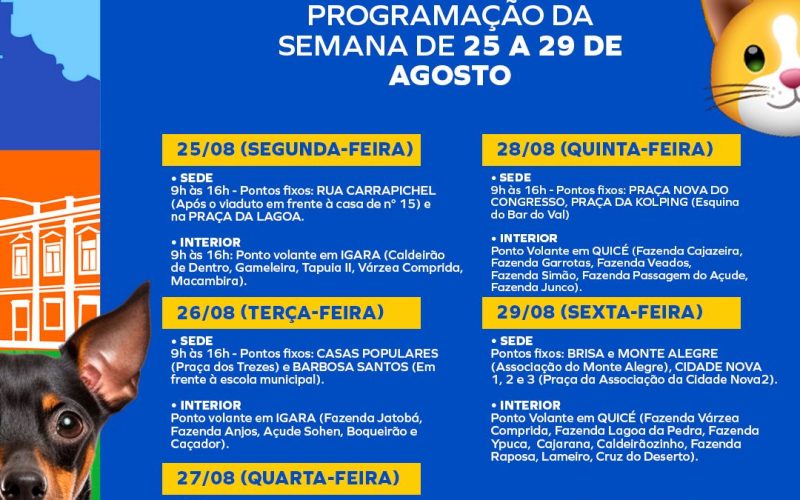 Prefeitura de Senhor do Bonfim divulga cronograma da vacinação antirrábica para a semana de 25 a 29 de agosto