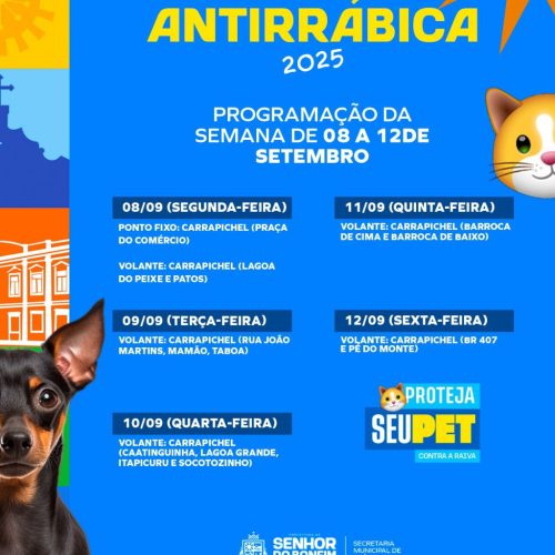Prefeitura de Senhor do Bonfim divulga cronograma da vacinação antirrábica de 8 a 12 de setembro