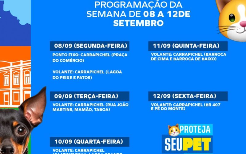Prefeitura de Senhor do Bonfim divulga cronograma da vacinação antirrábica de 8 a 12 de setembro
