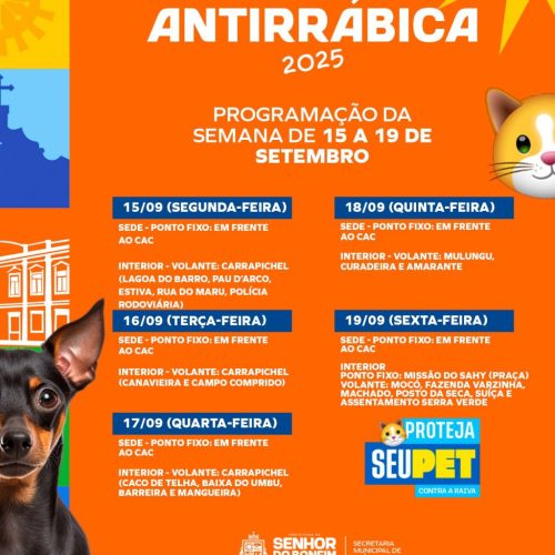 Prefeitura de Senhor do Bonfim divulga cronograma da Campanha de Vacinação Antirrábica de 15 a 19 de setembro