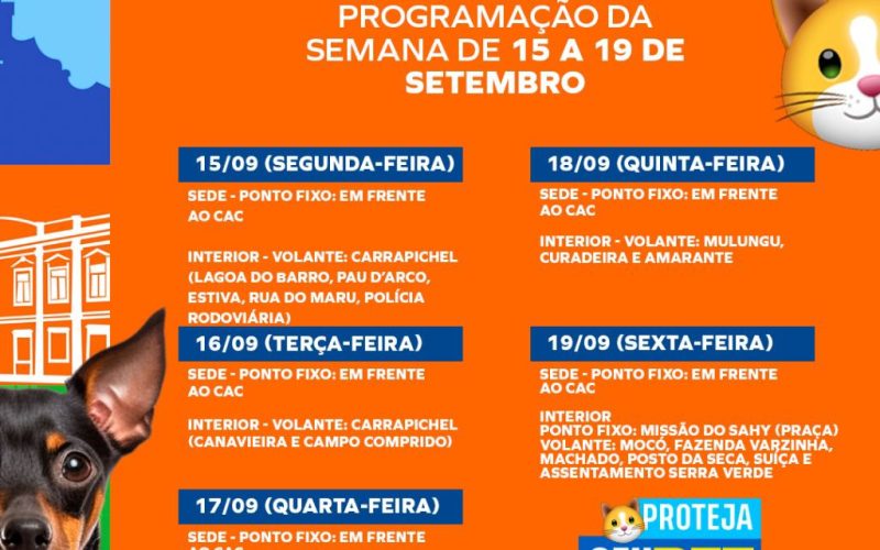 Prefeitura de Senhor do Bonfim divulga cronograma da Campanha de Vacinação Antirrábica de 15 a 19 de setembro