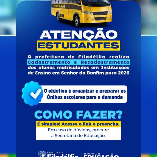 Prefeitura de Filadélfia inicia cadastramento para transporte escolar intermunicipal em 2026