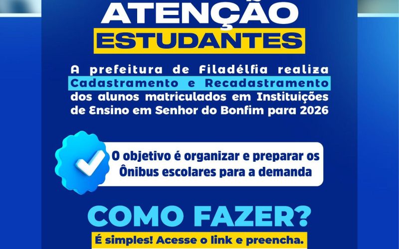 Prefeitura de Filadélfia inicia cadastramento para transporte escolar intermunicipal em 2026