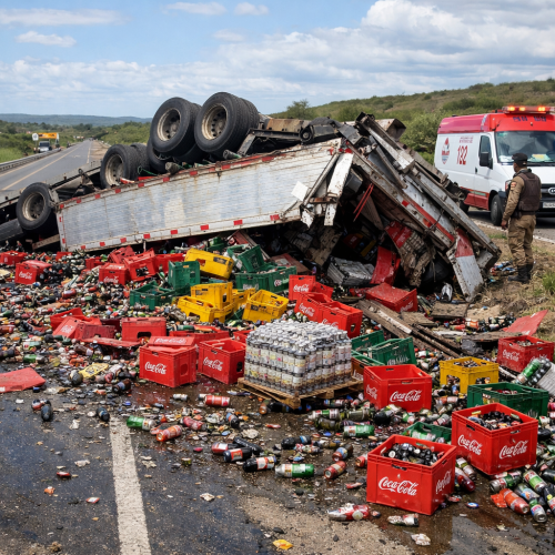 Caminhão carregado de bebidas capota próximo a Ponto Novo