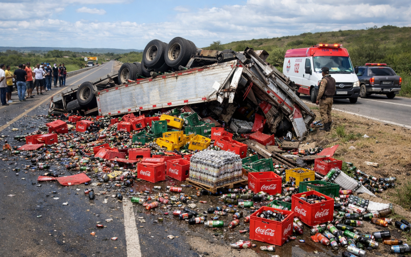 Caminhão carregado de bebidas capota próximo a Ponto Novo