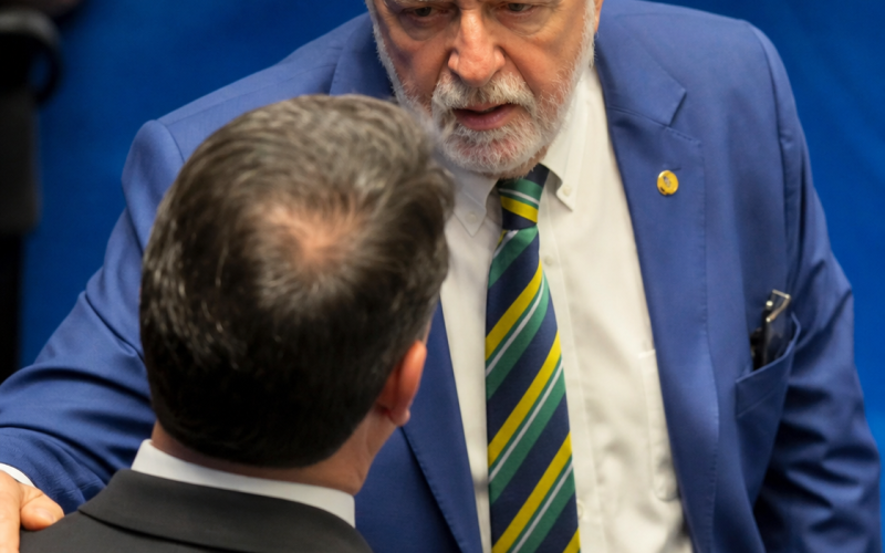 Senador Jaques Wagner e Flávio Bolsonaro são flagrados em conversa amistosa no Senado